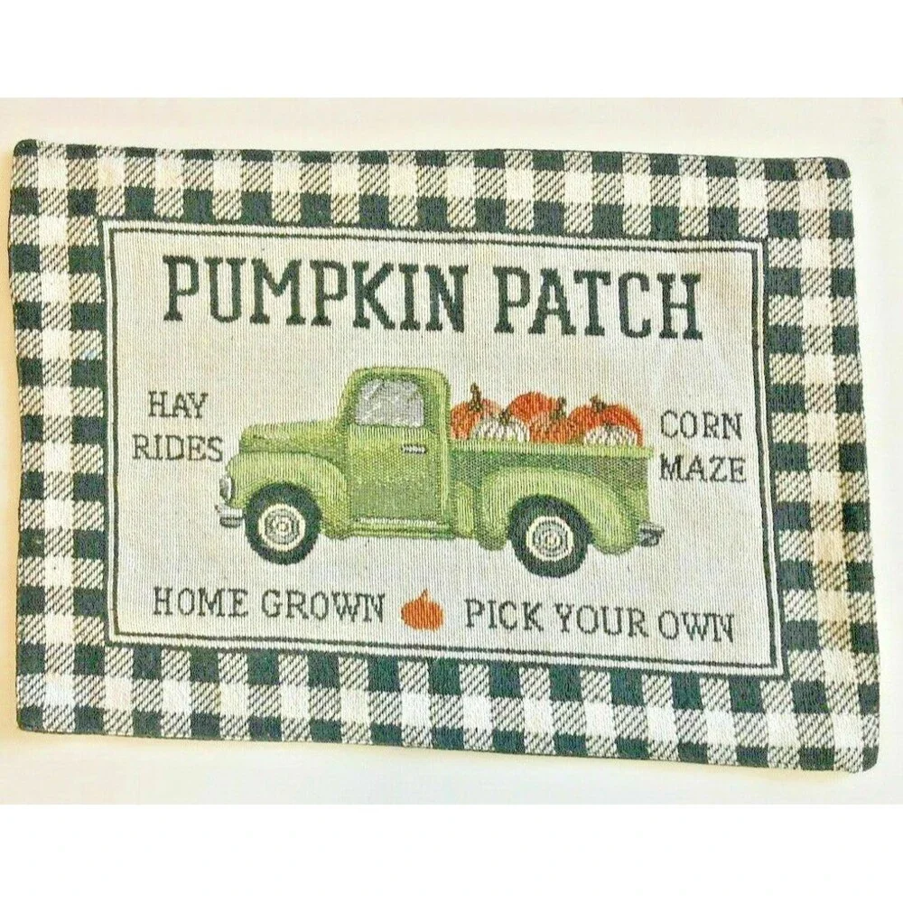 Thanksgiving Farm Truck Placemats Set of 4 Buffalo Check Pumpkin Autumn 13x18